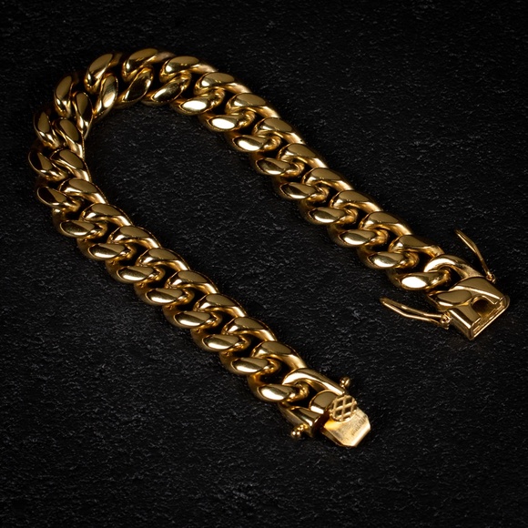 Men's Heavy 14K Gold Plated Stainless Steel Miami Cuban Link Chain Bracelet - Picture 2 of 4